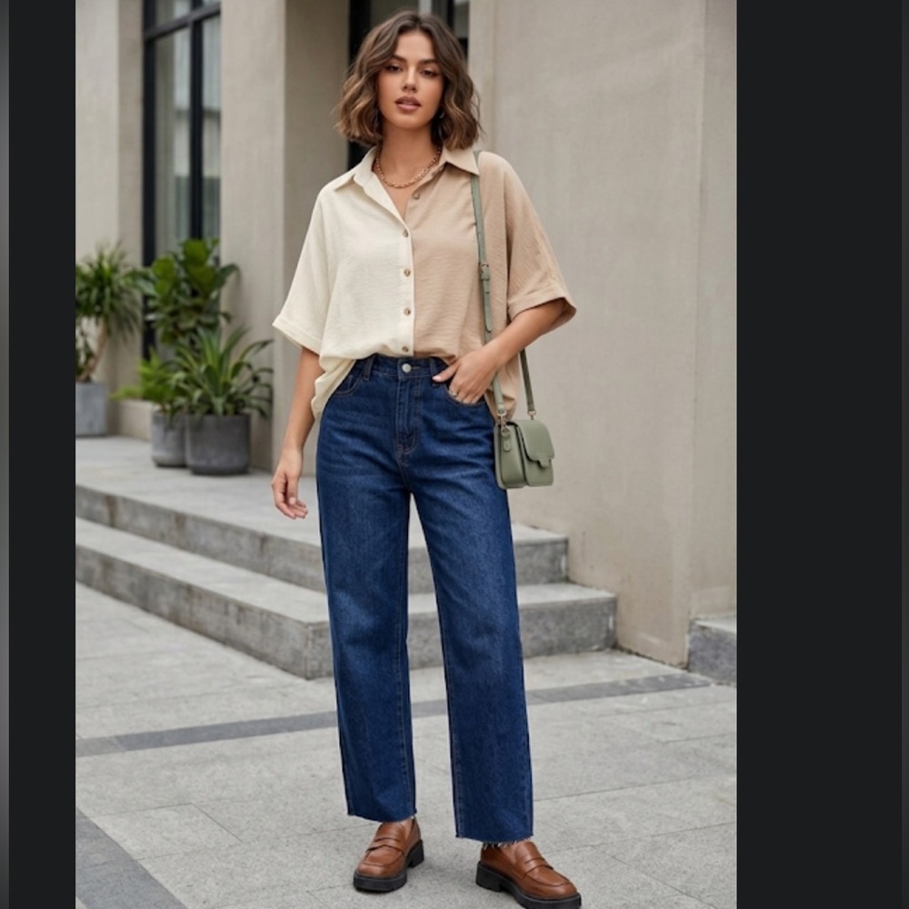 SHEIN Casual White and Tan Button Down Shirt